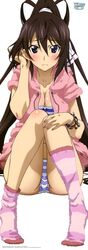  black_eyes blush breasts brown_hair cleavage footwear frown hashimoto_takayoshi highres infinite_stratos long_hair long_image official_art panties ponytail shinonono_houki socks solo stick_poster striped striped_panties tall_image underwear very_long_hair 