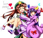  ^_^ alternate_eye_color bow braid carrying closed_eyes crescent english engrish eyes_closed hat hat_bow heart highres holding hong_meiling hug long_hair multiple_girls open_mouth orange_eyes patchouli_knowledge princess_carry purple_hair ranguage red_hair redhead ryouryou smile star the_embodiment_of_scarlet_devil touhou twin_braids very_long_hair yuri 