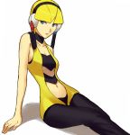  blonde_hair blue_eyes headphones kamitsure_(pokemon) navel navel_cutout ogros pantyhose pokemon pokemon_(game) pokemon_black_and_white pokemon_bw simple_background solo 