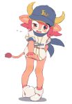  baseball_jersey bloomers blush bottomless buffalo_bell clothes_writing gloves hat horns mascot nippon_professional_baseball orix_buffaloes pink_eyes pink_hair red_eyes s.o_chin short_hair simple_background solo tail uneven_eyes 
