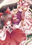  ascot black_hair blonde_hair blush bow brown_hair detached_sleeves dress frills gathers hair_bow hair_tubes hakurei_reimu hat hat_ribbon highres kuromame_(8gou) light_particles lights long_hair miko multiple_girls ofuda open_mouth outstretched_arm outstretched_hand pink_dress red_eyes ribbon ruffles shirt skirt skirt_set spell_card tabard touhou yakumo_yukari yellow_eyes 