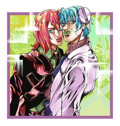  araki_hirohiko_(style) belt biafura blue_eyes blue_hair death_scythe_(spirit) dr_franken_stein formal glasses green_lipstick jojo_no_kimyou_na_bouken labcoat leone_abbachio lipstick makeup male multiple_boys necktie pannacotta_fugo parody red_hair red_lipstick redhead scar soul_eater stitches style_parody suit 