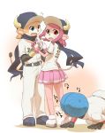  1girl 2boys all_fours anthro baseball_cap baseball_jersey baseball_uniform blue_eyes blush brother_and_sister buffalo_bell buffalo_bull clothes_writing entarou furry hat heavy_breathing horns mascot multiple_boys nippon_professional_baseball orange_hair orix_buffaloes peeking pink_hair rcg742 red_eyes scarf siblings sportswear tail tokyo_yakult_swallows 