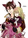  alvin_(tales_of_xillia) animal_ears black_gloves blonde_hair bow brown_eyes brown_hair bunny_ears carrying closed_eyes coat dress elise_lutas elise_lutus eyes_closed frills gloves kemonomimi_mode princess_carry ribbon ruffles short_hair smile tales_of_(series) tales_of_xillia tetsu_10 wolf_ears 