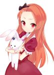  blush doll_hug dress face forehead frown idolmaster index_finger_raised long_hair minase_iori orange_hair p-nut pointing pointing_up raised_finger red_eyes simple_background solo stuffed_animal stuffed_bunny stuffed_toy 