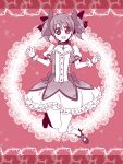  bow bubble_skirt dress frills gloves hair_bow happy highres kaname_madoka magical_girl mahou_shoujo_madoka_magica pink pink_background samsara_(ring) short_twintails smile solo twintails 