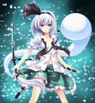  asu_hare blue_eyes cherry_blossoms collarbone dress_shirt ghost glaring hairband highres hitodama katana konpaku_youmu konpaku_youmu_(ghost) looking_at_viewer navel no_bra open_clothes open_shirt petals scabbard sheath sheathed shirt short_hair silver_hair skirt solo standing sword touhou unbuttoned undone_necktie untied weapon wind 