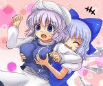  &gt;_&lt; :d :o ^_^ apron blue_eyes blue_hair blush bow breast_grab breasts bubble cirno closed_eyes dress embarrassed groping hair_bow hat ice ice_wings impossible_clothes impossible_shirt kurowana large_bow large_breasts lavender_hair leaning_back letty_whiterock long_sleeves multiple_girls nervous open_mouth pervert pink_background puffy_short_sleeves puffy_sleeves purple_hair shiny shirt short_sleeves skirt smile standing surprised sweatdrop touhou vest wings xd 