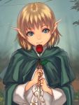  blonde_hair cape copyright_request face flower green_eyes light_smile lowres pointy_ears red_rose rose smile solo yukihiro 