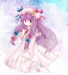  bow crescent dress hair_bow hat kneeling long_hair patchouli_knowledge purple_eyes purple_hair ribbon solo sumochi touhou violet_eyes 