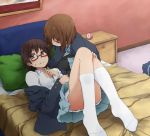  bag bed bed_sheet bedroom black_legwear blazer blush bra brown_eyes brown_hair clock embarrassed footwear glasses green_bra hair_ornament hairclip half_rim_glasses hirasawa_yui k-on! kagiana kneehighs lingerie looking_away lying manabe_nodoka miniskirt multiple_girls no_shoes on_back on_bed open_clothes open_shirt pantyhose pillow pink_eyes pleated_skirt reclining red-framed_glasses school_uniform semi-rimless_glasses shirt short_hair skirt socks sweat sweatdrop unbuttoned under-rim_glasses underwear undressing white_legwear yuri 