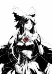  alternate_costume bare_shoulders bow breasts cape cleavage corset hair_bow hand_on_own_chest hand_to_chest long_hair monochrome radiation_symbol red_eyes reiuji_utsuho shirt skirt solo spot_color sukocchi symbol-shaped_pupils touhou wings wrist_blades 