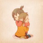  2girls blush bonjin brown_hair child closed_eyes eyes_closed footwear hair_bobbles hair_ornament hirasawa_ui hirasawa_yui hug k-on! multiple_girls siblings sisters smile socks sweater tears young 