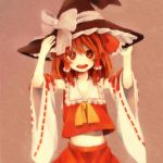  :d adjusting_hat ascot bow brown_eyes brown_hair detached_sleeves frills hair_tubes hakurei_reimu hat hat_bow midriff miko navel ogi_(sham00) open_mouth simple_background smile solo touhou witch_hat 