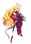  blonde_hair boots curly_hair disgaea dress drill_hair earrings elbow_gloves hand_on_hip harada_takehito horns jewelry long_hair makai_senki_disgaea_3 nippon_ichi official_art pointy_ears simple_background smile solo standing stella_grossular sword tail violet_eyes weapon white_background 