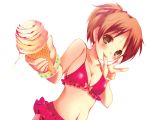  bare_shoulders bikini bracelet breasts brown_eyes brown_hair cleavage collarbone copyright_request food giving hair_up ice_cream ice_cream_cone jewelry licking looking_at_viewer navel polka_dot polka_dot_bikini polka_dot_swimsuit ponytail simple_background solo swimsuit tongue v yuunagi_seshina 