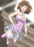  bob_cut boots bracelet breasts brown_eyes brown_hair cleavage cool_&amp;_sexy_(idolmaster) dutch_angle fingerless_gloves fishnets gloves hagiwara_yukiho idolmaster jewelry leg_lift marugoshi_teppei open_mouth short_hair skirt solo thigh-highs thighhighs wink 