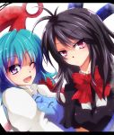  ahoge asymmetrical_wings black_hair blue_eyes blue_hair bow dress hivalu_nagare houjuu_nue multiple_girls open_mouth red_eyes short_hair smile tatara_kogasa touhou wings wink 