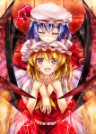  90i ascot bat_wings blonde_hair blue_hair bow closed_eyes dress eyes_closed fang flandre_scarlet hat hug hug_from_behind multiple_girls open_mouth red_eyes remilia_scarlet ribbon short_hair siblings side_ponytail sisters skirt smile tears touhou wings 