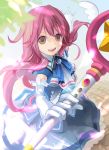  bridal_gauntlets brown_eyes character_request elbow_gloves foreshortening from_above gloves hands kari_kenji kimi_to_boku_to_mahougakkou long_hair looking_up magical_girl open_mouth pink_hair smile solo source_request staff white_gloves 