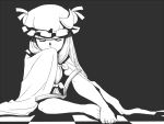  barefoot book checkered checkered_floor closed_eyes eyes_closed feet hair_ribbon hat hat_ribbon monochrome onikobe_rin patchouli_knowledge ribbon solo touhou 