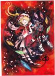  apple blonde_hair boots capelet chain colored_pencil_(medium) cross cross-laced_footwear crystal dress eating fang flandre_scarlet food frilled_dress frills fruit laevatein mosho petals side_ponytail skull thighhighs torn_thighhighs touhou traditional_media watercolor_(medium) wings 