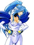  blue_eyes blue_hair bodysuit breasts chris_ryan gloves kei_(pixiv829811) long_hair lowres pauldron ponytail profile psychic_force solo 