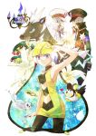  1girl 2boys black_legwear blonde_hair blue_eyes chandelure eelektross emolga flower grey_eyes grey_hair hat headphones hirako joltik kamitsure_(pokemon) kudari_(pokemon) multiple_boys nobori_(pokemon) odd_one_out pantyhose pokemon pokemon_(creature) pokemon_(game) pokemon_black_and_white pokemon_bw stunfisk tynamo zebstrika 