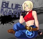  bare_shoulders belt blonde_hair blue_eyes blue_mary boots breasts character_name crop_top fatal_fury fingerless_gloves gloves halter_top halterneck king_of_fighters lips maou_alba midriff navel nose pants snk solo zoom_layer 
