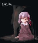  child dress empty_eyes fate/stay_night fate/zero fate_(series) kneeling matou_sakura nishigyou_teraa purple_eyes purple_hair ribbon solo violet_eyes young 