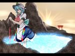  blue_hair hat highres hinanawi_tenshi letterboxed meicha_(drill-biyori) pond red_eyes smile solo sun sword sword_of_hisou torii touhou water weapon 