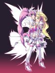  2girls alternate_costume boots bow carrying crescendo_cure_melody cure_melody cure_rhythm eyelashes futago_monad gradient gradient_background highres houjou_hibiki knee_boots magical_girl minamino_kanade multiple_girls pink_bow precure princess_carry simple_background suite_precure wings 
