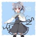  akagaminanoka alternate_hairstyle animal_ears blush capelet dowsing_rod fang fuuen_(akagaminanoka) gem grey_hair hair_ribbon jewelry mouse_ears mouse_tail nazrin necklace open_mouth outstretched_arm pendant ponytail red_eyes ribbon shirt skirt skirt_set solo standing tail touhou vest 