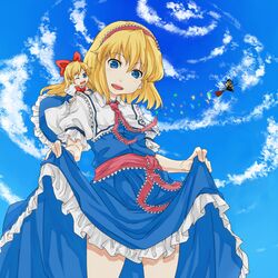  2girls alice_margatroid blonde_hair blue_eyes broom broom_riding cloud doll dress dress_lift highres itsuki_(nanairo_glasses) kirisame_marisa multiple_girls nanairoglasses sash shanghai shanghai_doll sky star touhou wink 