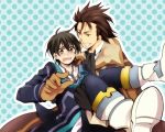  2boys :o alvin_(tales_of_xillia) asagi3521 black_gloves black_hair boots brown_eyes brown_hair carrying coat cravat gloves grin jude_mathis multiple_boys open_mouth pants princess_carry smile surprised tales_of_(series) tales_of_xillia 