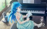  barefoot blue_eyes blue_hair copyright_request dog dress hennamono instrument long_hair looking_at_viewer piano puppy sheet_music sitting solo window 