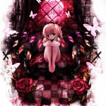  apple228 bare_legs barefoot blonde_hair butterfly checkered checkered_floor curtains flandre_scarlet flower full_moon hair_ribbon leg_hug moon red_eyes red_moon ribbon rose side_ponytail sitting solo the_embodiment_of_scarlet_devil touhou window wings 