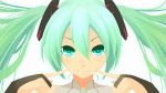  bridal_gauntlets face finger_to_face green_eyes green_hair hatsune_miku hatsune_miku_(append) highres mijuku_mikan miku_append smile solo twintails vocaloid vocaloid_append 