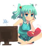  1girl aqua_eyes aqua_hair bare_legs bare_shoulders barefoot blue_eyes blush dress feet hair_bobbles hair_ornament hand_on_chin hand_to_chin indian_style kawashiro_nitori leaning_forward looking_at_viewer monitor no_hat payot pillow pout shin_(new) sitting sleeveless solo touhou twintails 