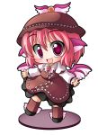  animal_ears blush brown_dress chibi dress faux_figurine hat mystia_lorelei open_mouth outstretched_arms pink_eyes pink_hair shinjitsu short_hair simple_background smile solo standing touhou white_background wings 
