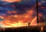  1girl bicycle cloud couple field grass kazeno original power_lines red_sky sky sunset telephone_pole wind 