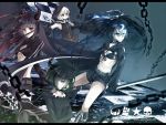  bikini_top black_gold_saw black_hair black_rock_shooter black_rock_shooter_(character) blue_eyes boots chain chains dead_master glowing glowing_eyes highres hood horns long_hair mechanical_arm midriff multiple_girls navel pale_skin ranyun red_eyes scar shorts strength_(black_rock_shooter) sword twintails weapon white_hair wings yellow_eyes 