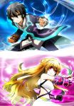  black_hair blonde_hair breasts clenched_hands coat elbow_gloves energy fist gloves green_hair jude_mathis long_hair midriff milla_maxwell multicolored_hair navel no_pupils pants red_eyes smile sword tales_of_(series) tales_of_xillia taut_shirt tubetop two-tone_hair urotamu weapon yellow_eyes 