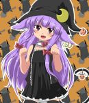  animal_ears bare_shoulders black_legwear bow cat_ears cat_pose cat_tail crescent earrings fang hair_bow halloween hat highres jack-o&#039;-lantern jewelry long_hair noa_(nagareboshi) noa_(nicovideo3269329) open_mouth patchouli_knowledge paw_pose pikachu pokemon pumpkin purple_hair red_eyes simple_background solo tail thigh-highs thighhighs touhou very_long_hair witch_hat 