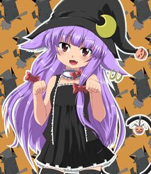  animal_ears bare_shoulders black_legwear bow cat_ears cat_pose cat_tail crescent earrings fang hair_bow halloween hat highres jack-o'-lantern jewelry long_hair noa_(nagareboshi) noa_(nicovideo3269329) open_mouth patchouli_knowledge paw_pose pikachu pokemon pumpkin purple_hair red_eyes simple_background solo tail thigh-highs thighhighs touhou very_long_hair witch_hat 