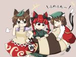  animal_ears blush_stickers bottle braid brown_eyes brown_hair cat_ears cat_tail chen closed_eyes dress ear_piercing eyes_closed futatsuiwa_mamizou glasses green_dress hair_ribbon hand_on_own_face hand_to_face holding_another's_tail kaenbyou_rin leaf leaf_on_head multiple_girls multiple_tails open_mouth piercing pince-nez raccoon_ears raccoon_tail red_eyes red_hair redhead ribbon rokunen sake shirt skirt smile tail tail_grab tail_hug touhou translation_request twin_braids 