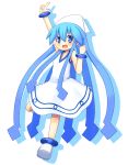  blue_eyes blue_hair dress hat ikamusume long_hair pointing_up shinryaku!_ikamusume tentacle_hair toranekosu 
