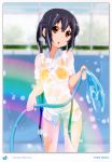  absurdres bikini black_hair brown_eyes dress_shirt errant highres hose k-on! long_hair nakano_azusa one-piece_swimsuit rainbow see-through shirt solo swimsuit swimsuit_under_clothes twintails water wet wet_clothes yellow_swimsuit 