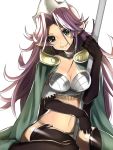  armor bad_id black_legwear blue_eyes blush breasts cape cleavage elbow_gloves gloves hat large_breasts legs long_hair looking_at_viewer magus_(seiken_densetsu_3) navel pointy_ears purple_hair seiken_densetsu seiken_densetsu_3 simple_background sitting smile solo soraruru spread_legs staff thigh-highs thighhighs thighs wariza weapon yui_tooru 