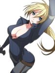  blonde_hair blue_eyes bodysuit breasts center_opening cleavage jill_valentine ponytail resident_evil resident_evil_5 solo soraruru yui_tooru 